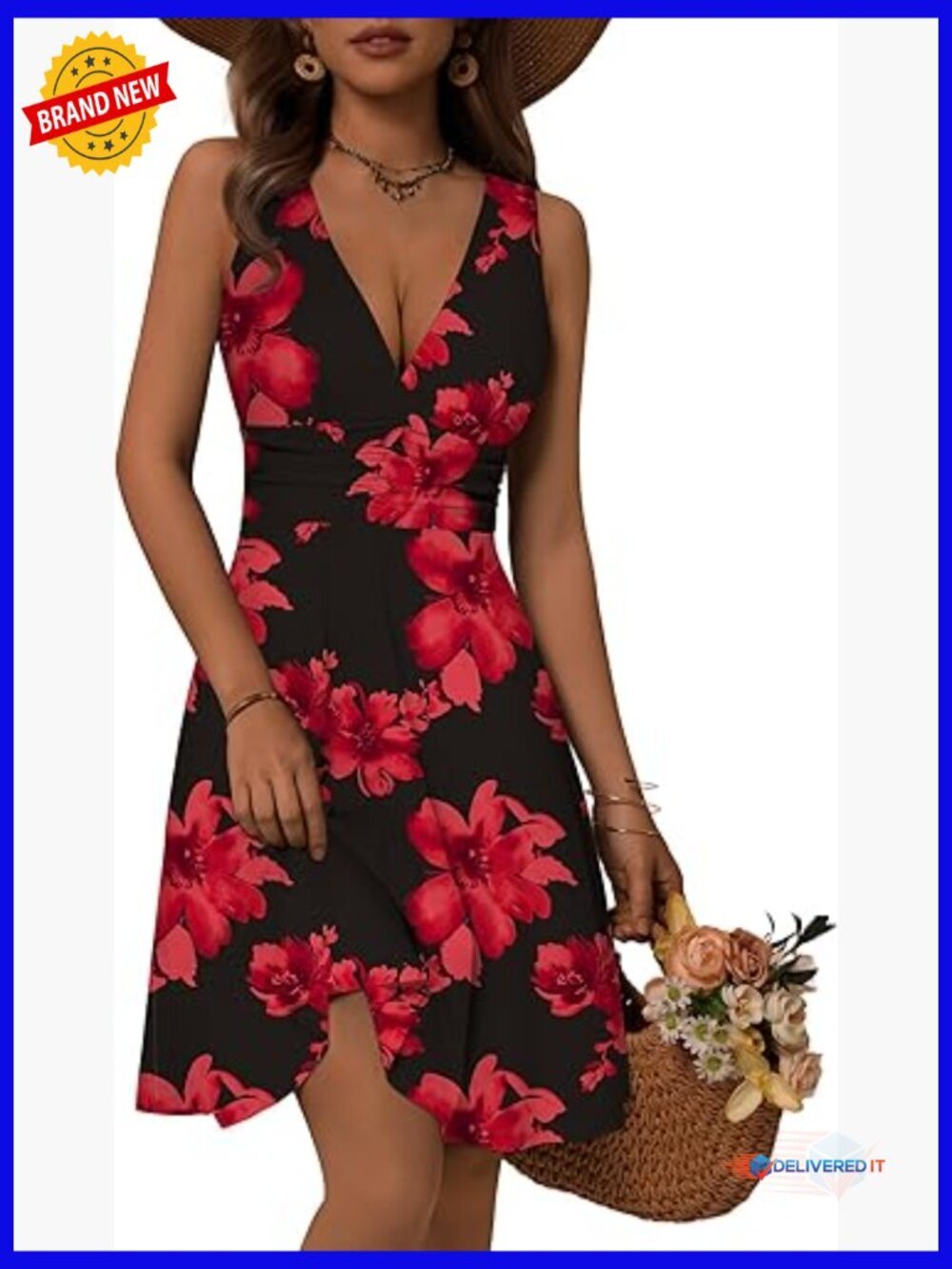 Deep V Neck Sleeveless Floral Sundress with Pockets Flowy Summer Dress